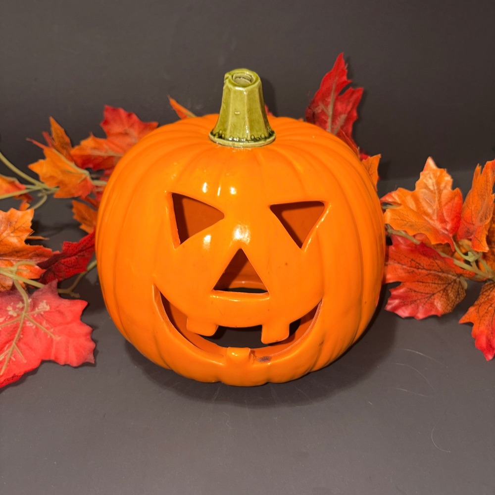 Orange Ceramic Jack-O-Lantern Pumpkin Halloween Luminary Candle Holder 7in